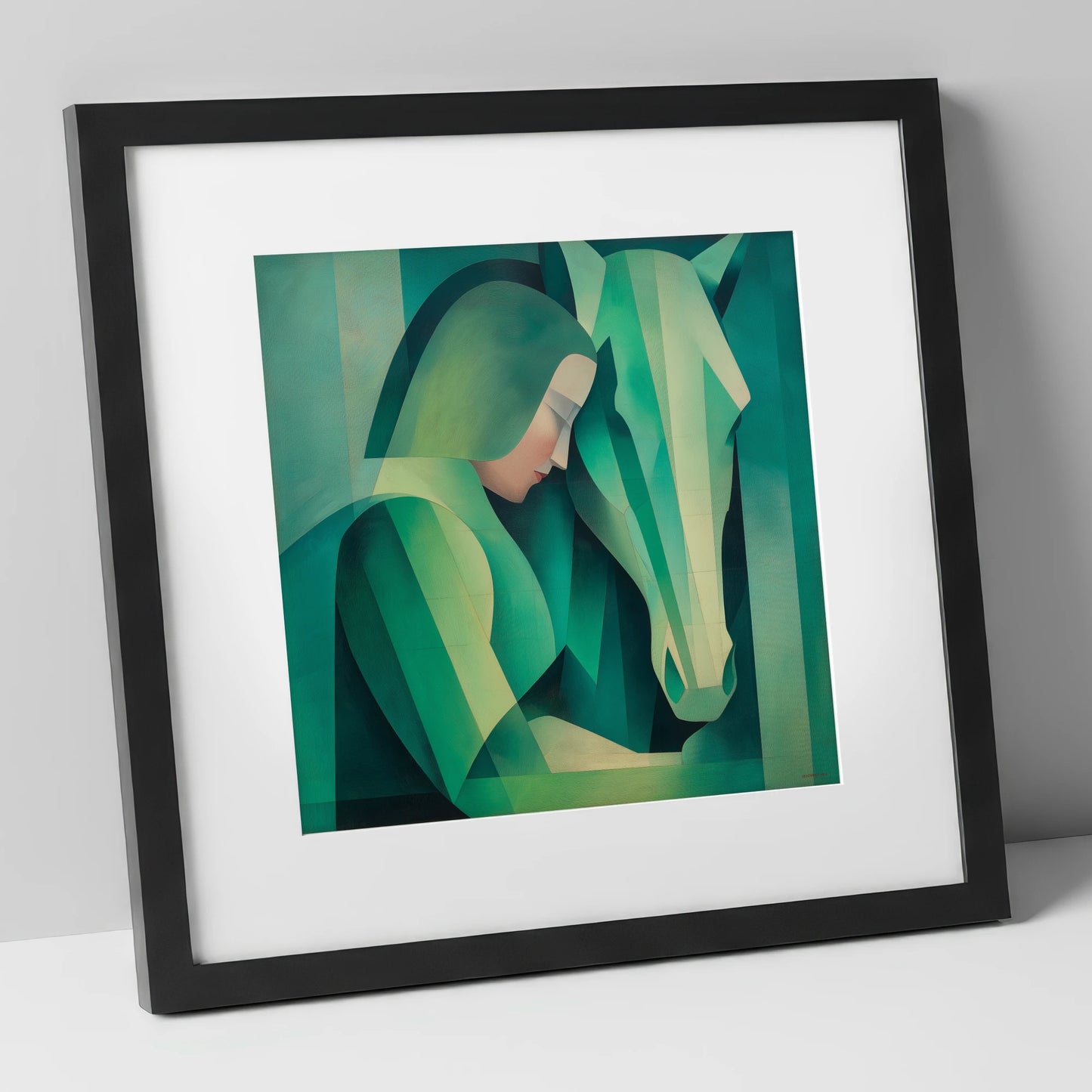 The Emerald Bond horse & rider art print in black frame