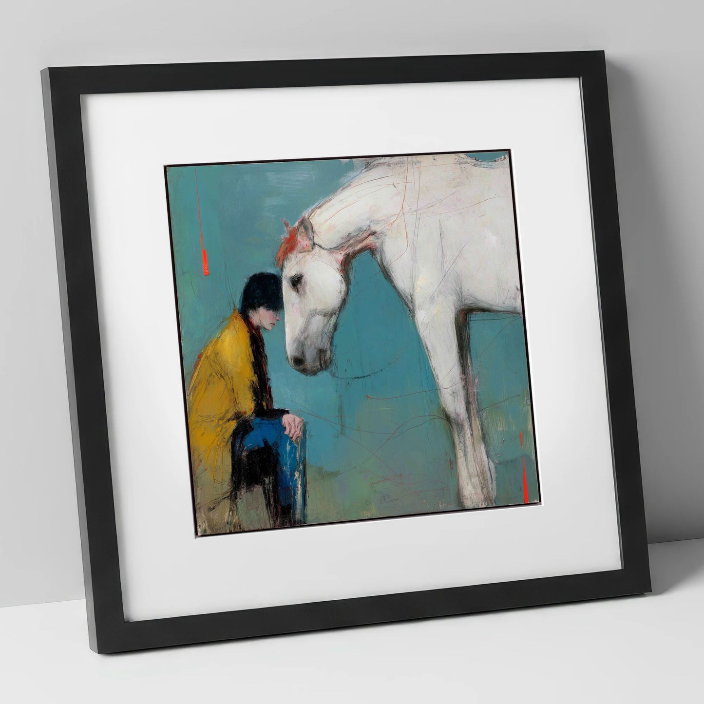 The Quiet Connection horse & rider art print in black frame