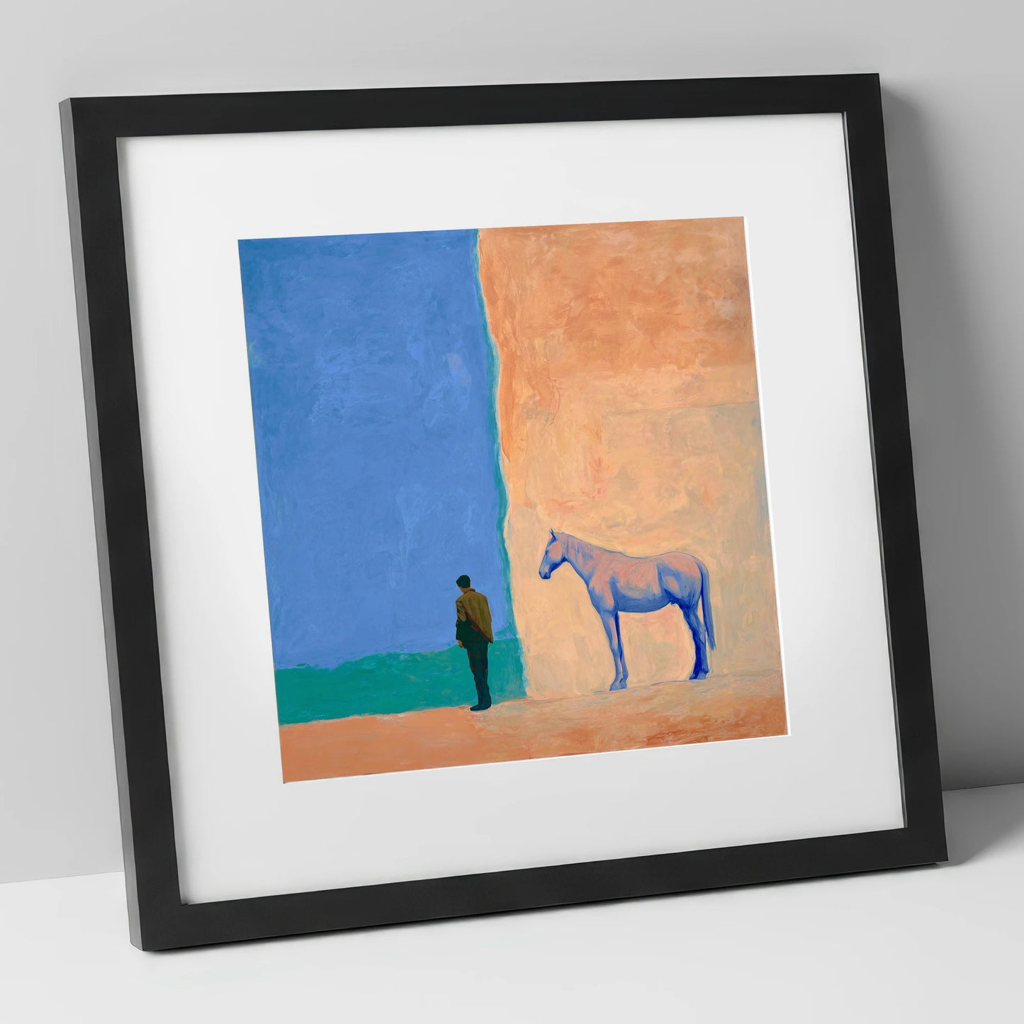 Silent Understanding horse & rider art print in black frame