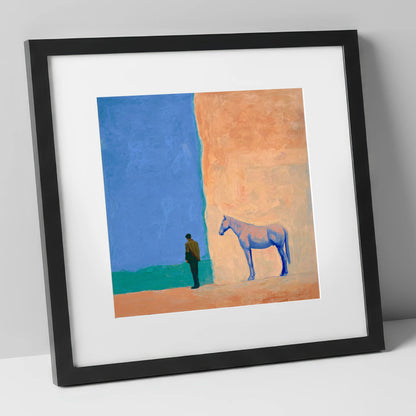 Silent Understanding horse & rider art print in black frame