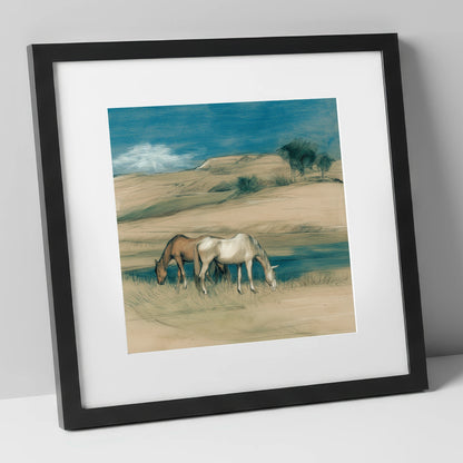 Quiet Companions horse landscape art print in black frame