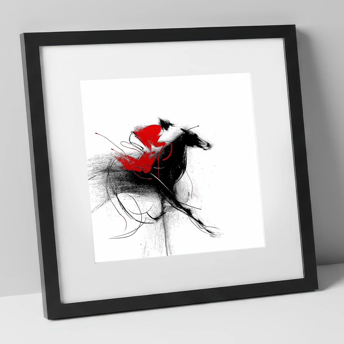 Crimson Sprint racing horse art print in black frame