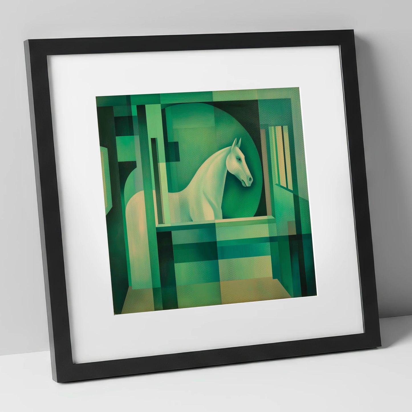 Emerald Stall Gaze horse stable art print in black frame
