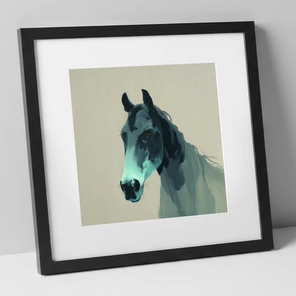 Contemporary Teal Equine horse portrait art print in black frame