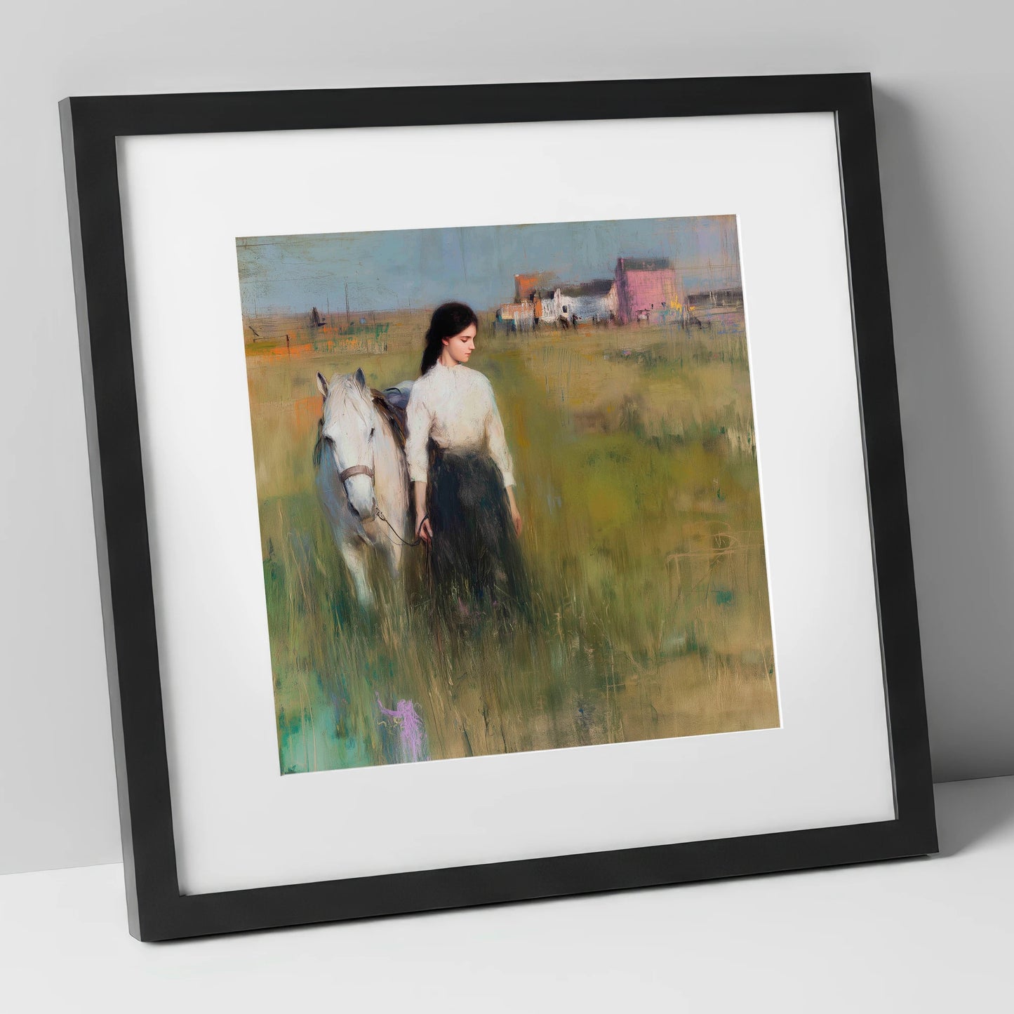 A Quiet Bond horse & rider art print in black frame