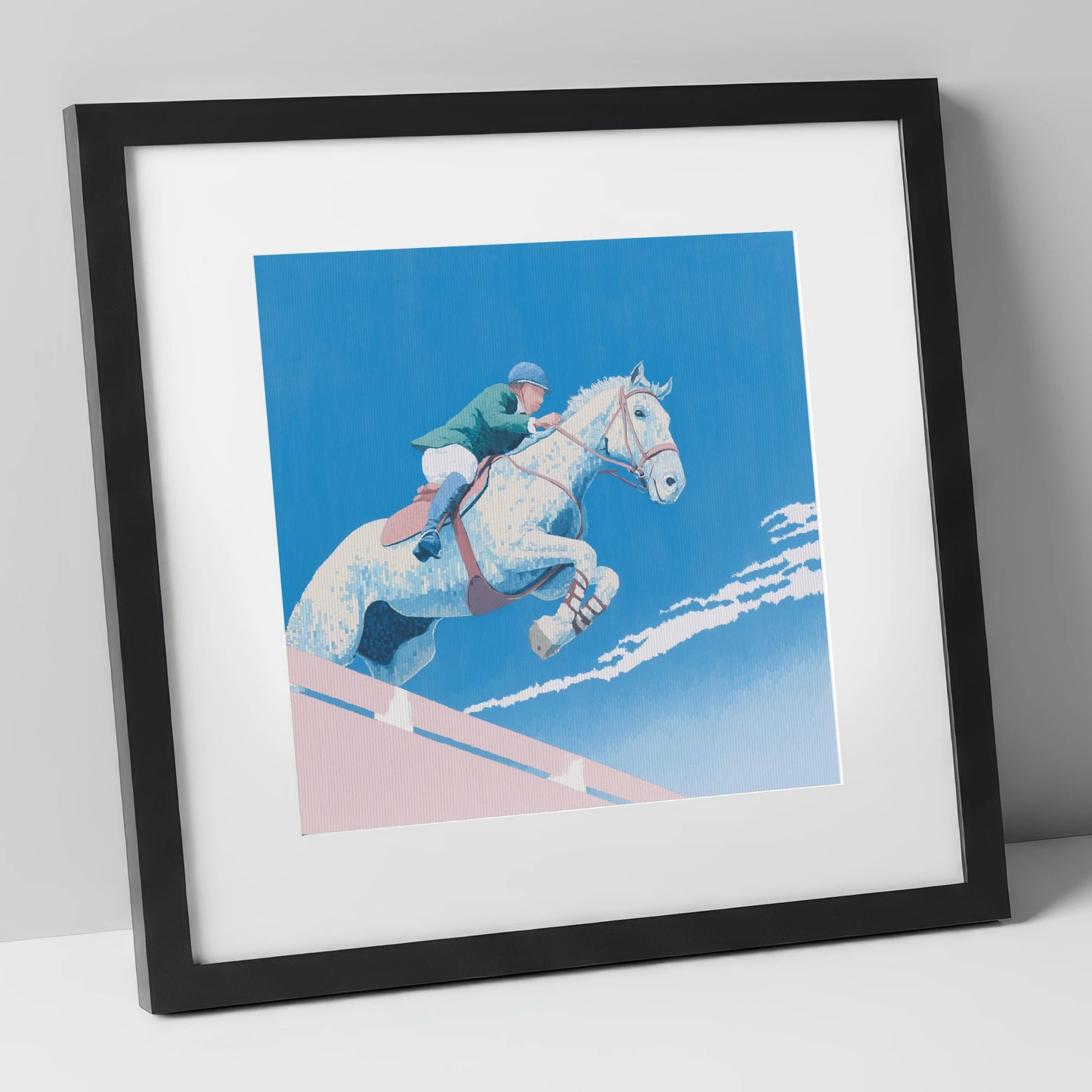 Airborne Over Blue show jumping horse art print in black frame