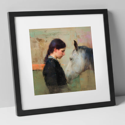 The Silent Bond horse & rider art print in black frame