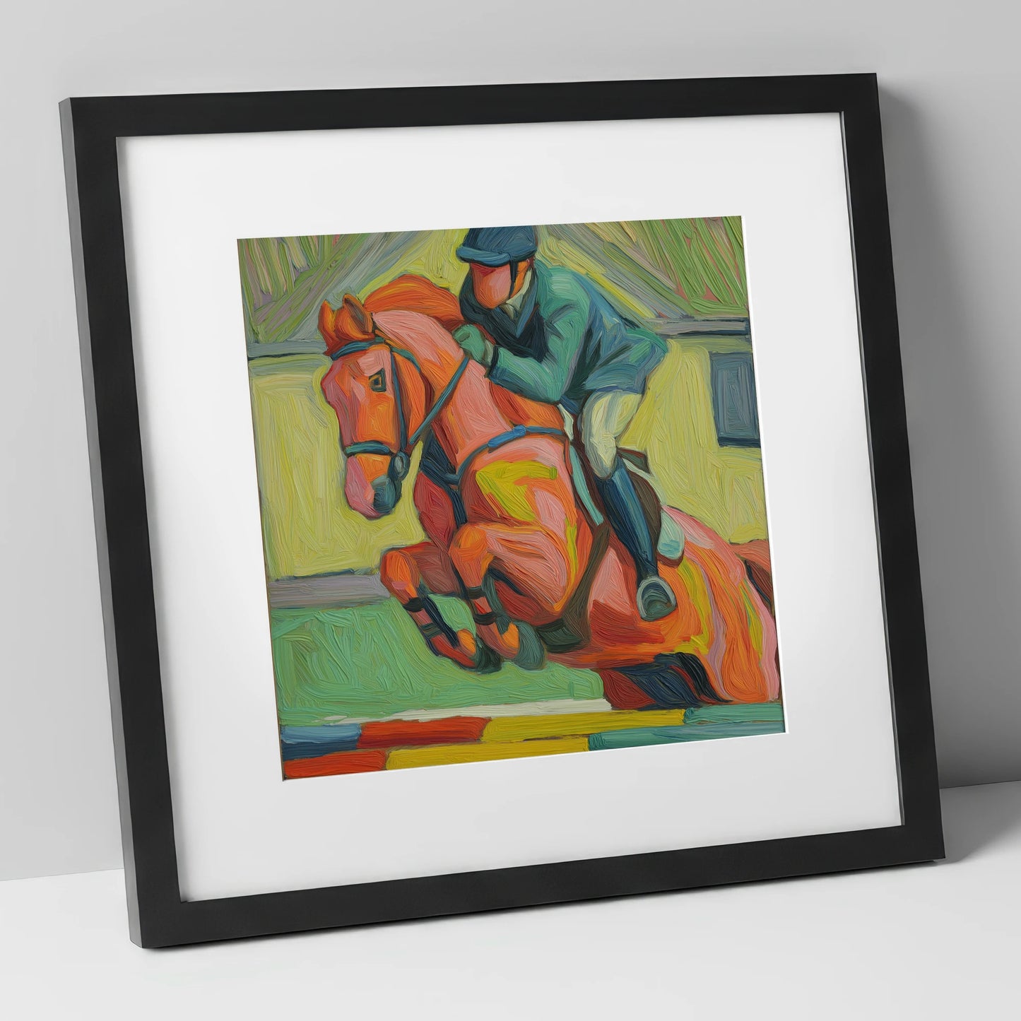 Clearing the Coloureds show jumping horse art print in black frame