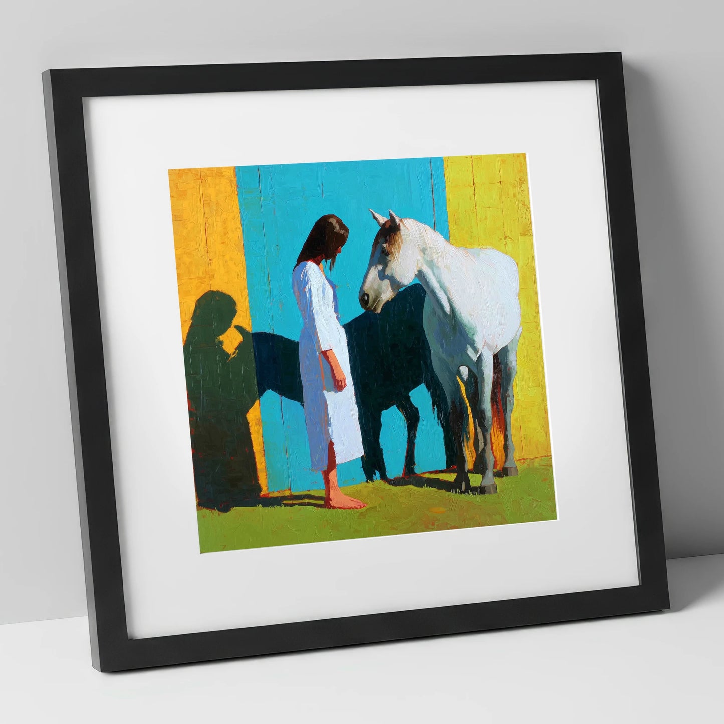 Sunlit Shadows horse & rider art print in black frame