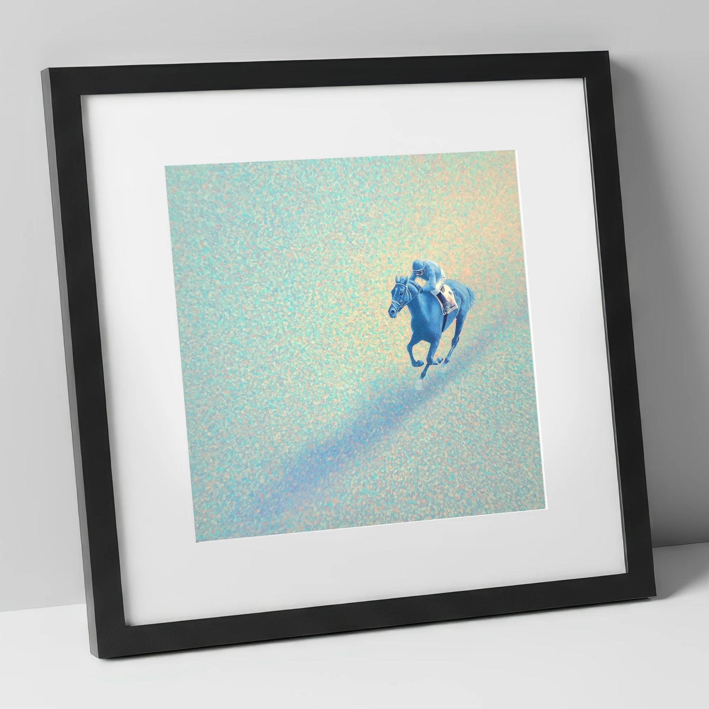 Luminous Racing Stride racing horse art print in black frame