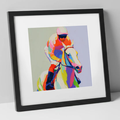 Prismatic Speed racing horse art print in black frame
