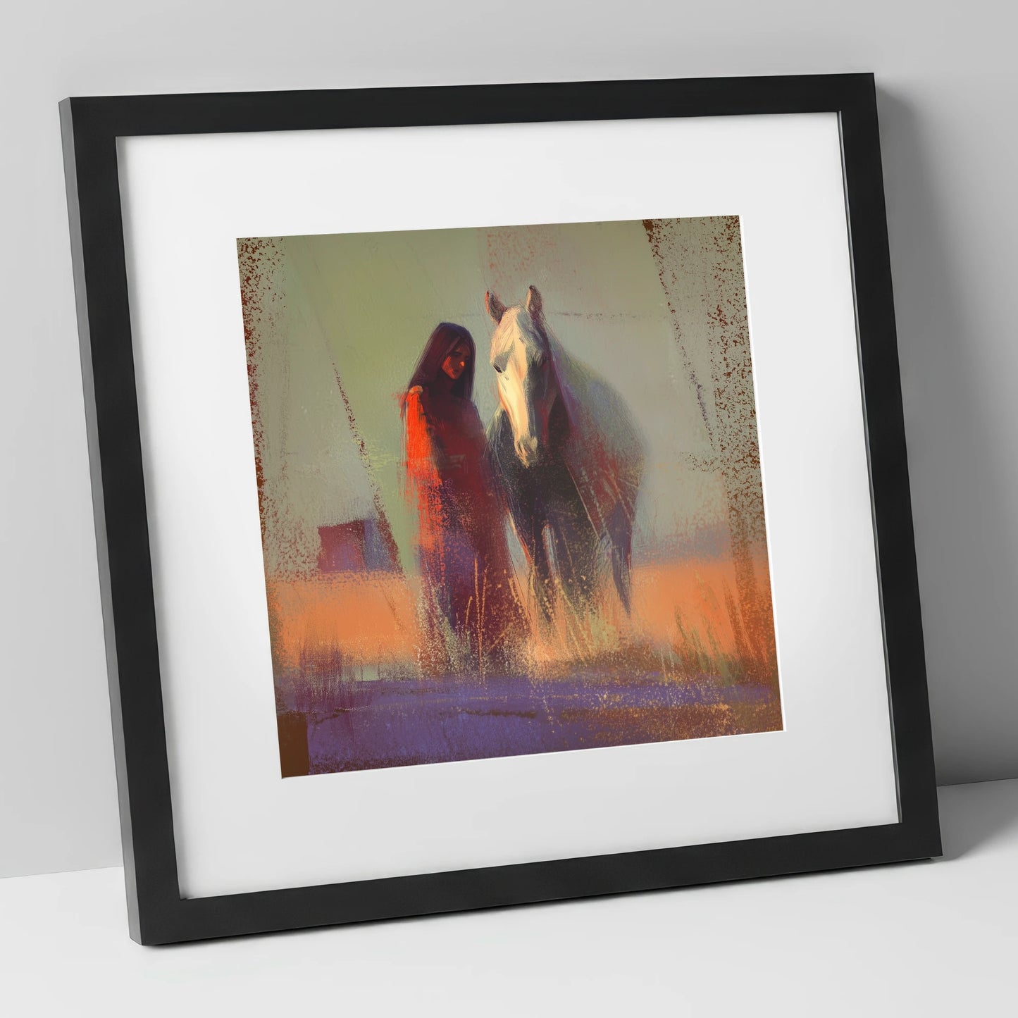 Whispers in the Haze horse & rider art print in black frame