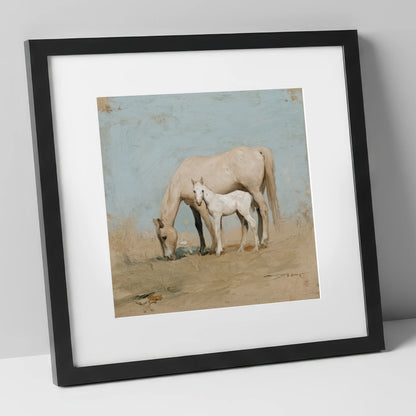 Chalk White Companions mare & foal art print in black frame