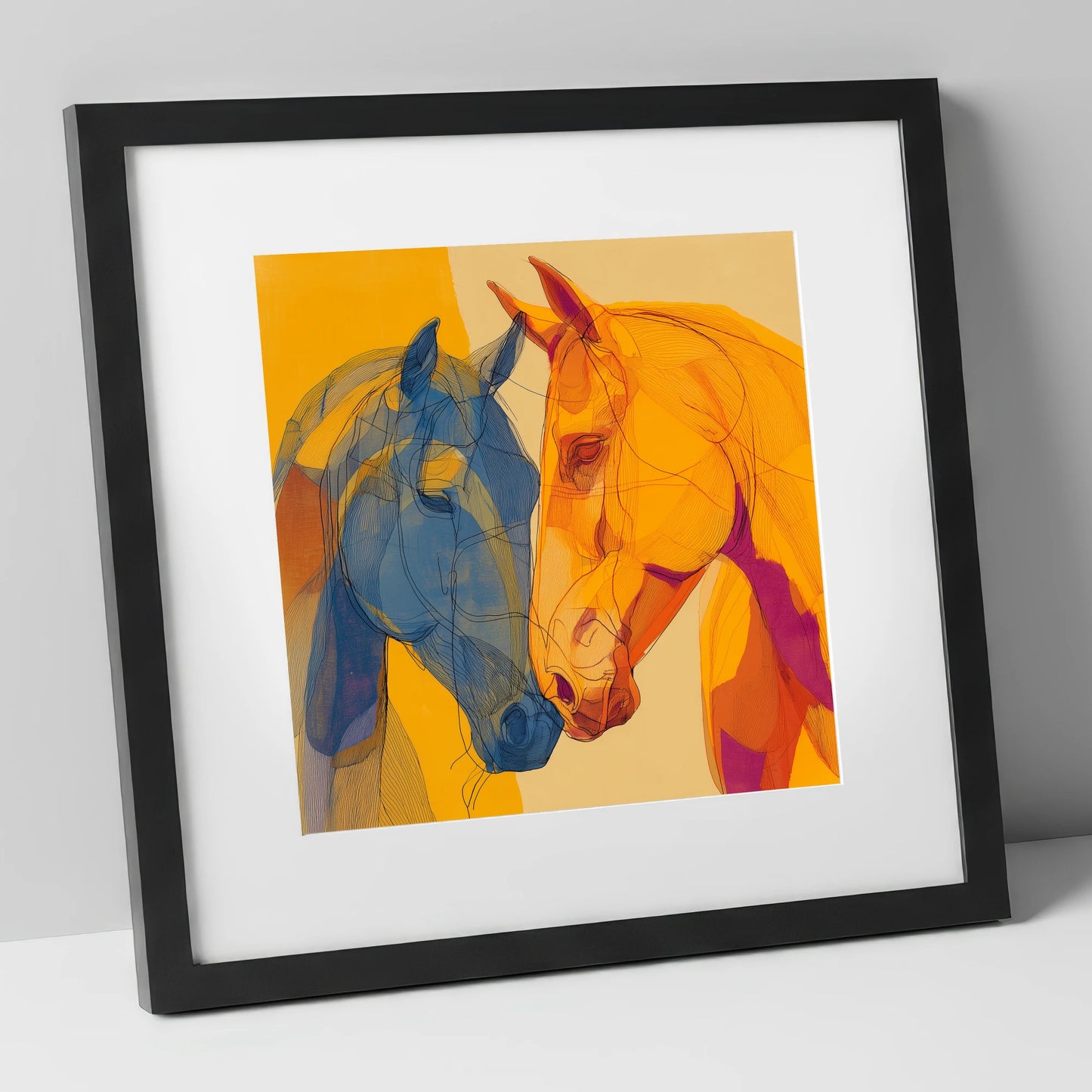 Cobalt and Amber Bond horse portrait art print in black frame
