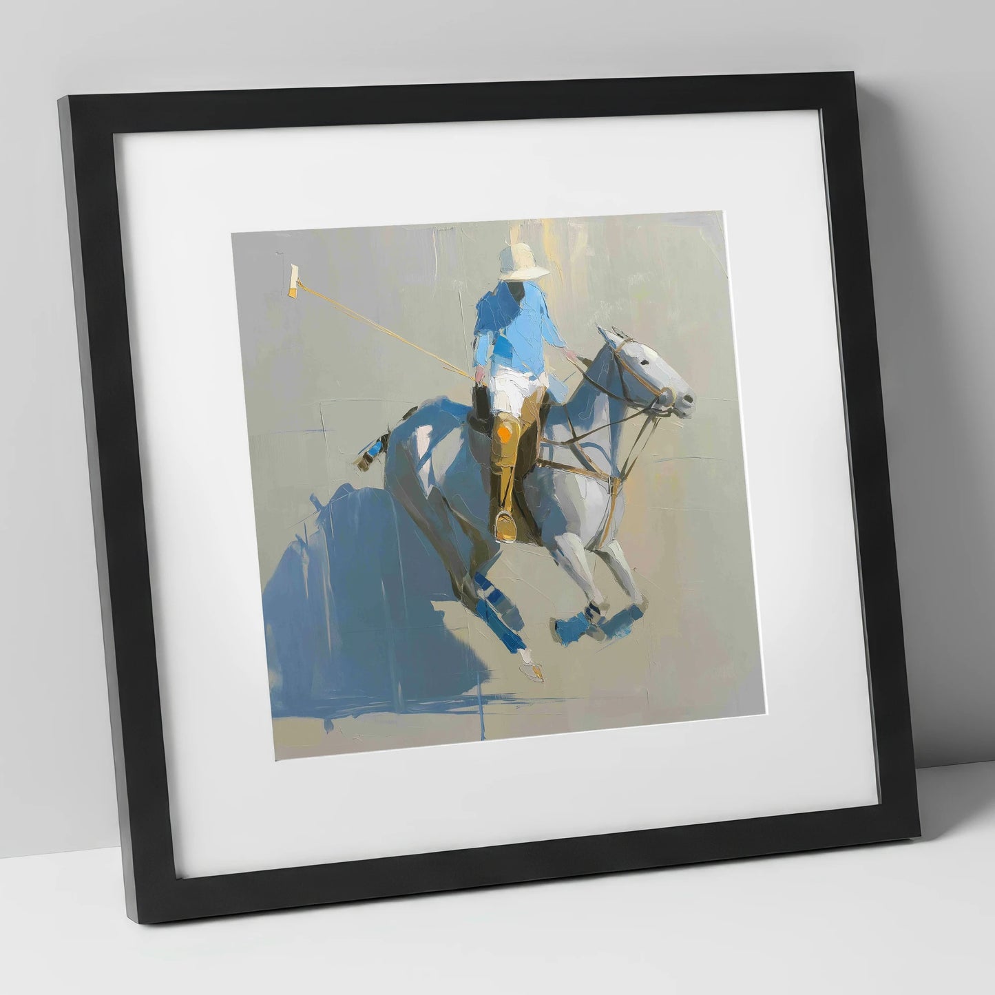 Slate Blue Chukka polo horse art print in black frame
