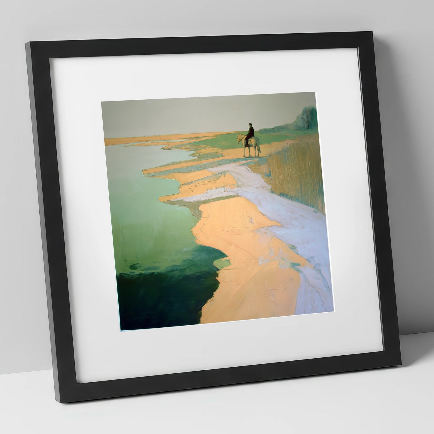 Solitary Shoreline Hack beach horse art print in black frame