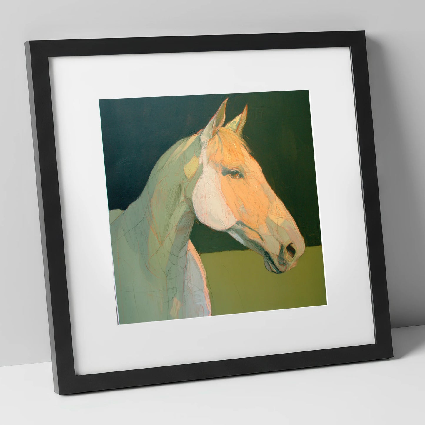 Serene Pastel Equine Profile horse portrait art print in black frame