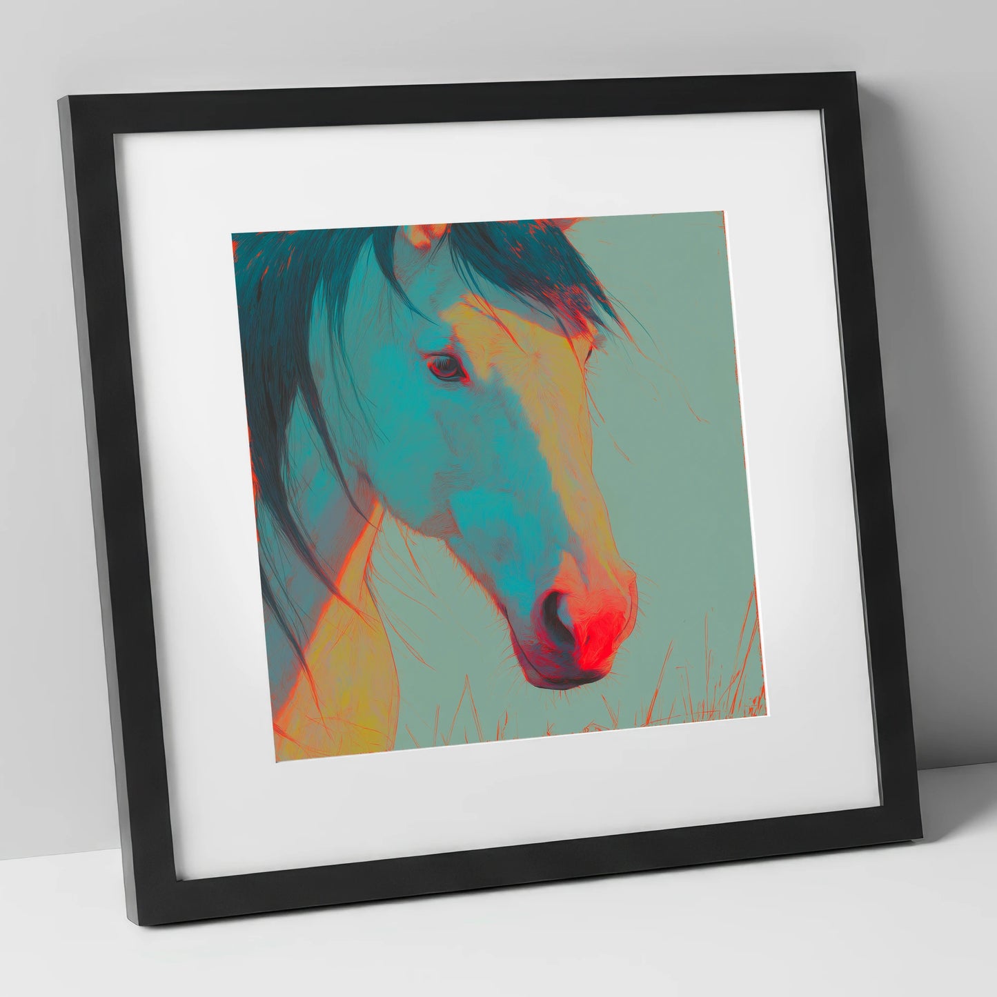 Neon Equine Gaze horse portrait art print in black frame