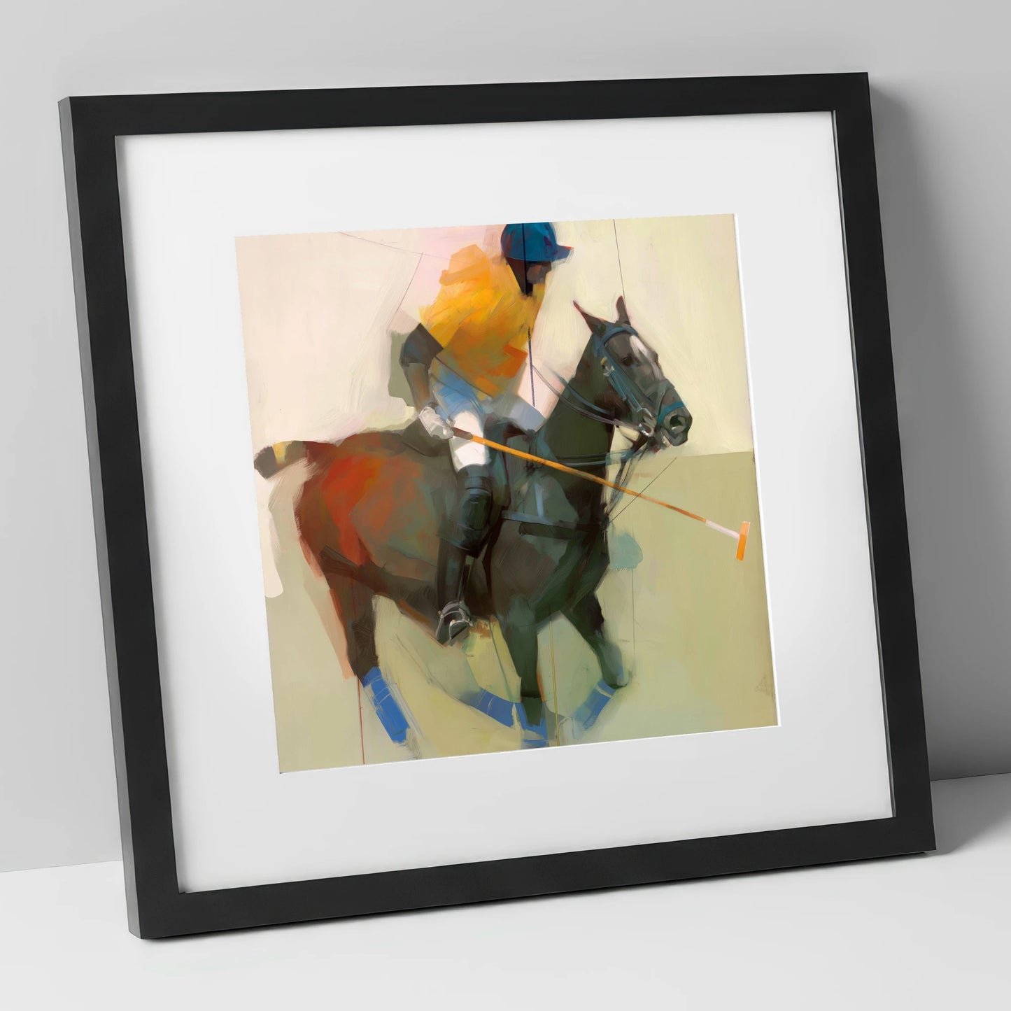 The Offside Drive polo horse art print in black frame