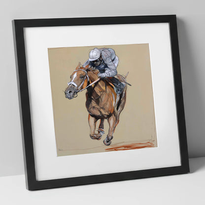 Driving Finish racing horse art print in black frame
