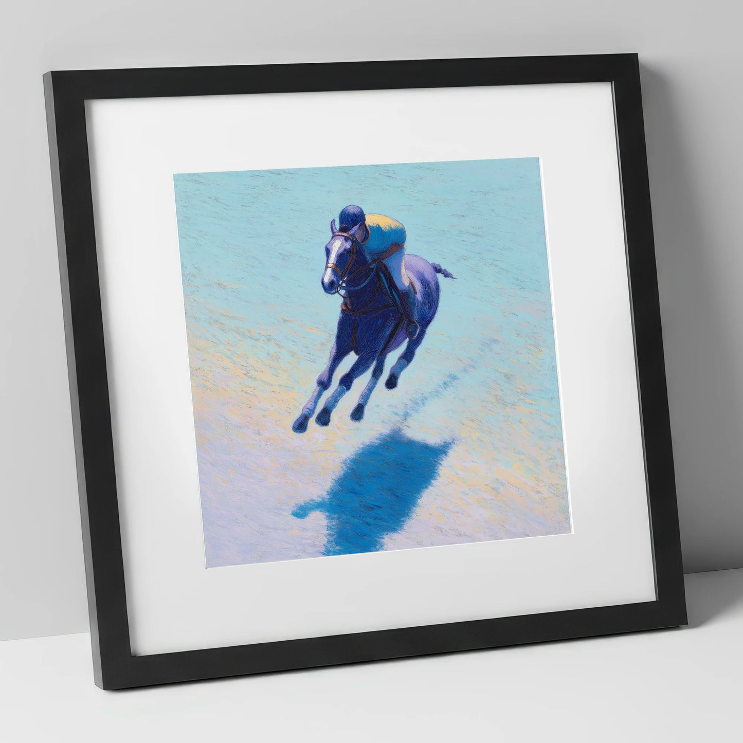 The Indigo Gallop polo horse art print in black frame