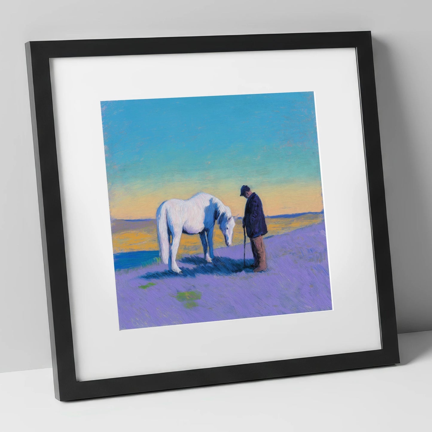 The Silent Bond horse & rider art print in black frame