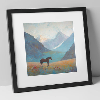 Mountain Solitude horse landscape art print in black frame