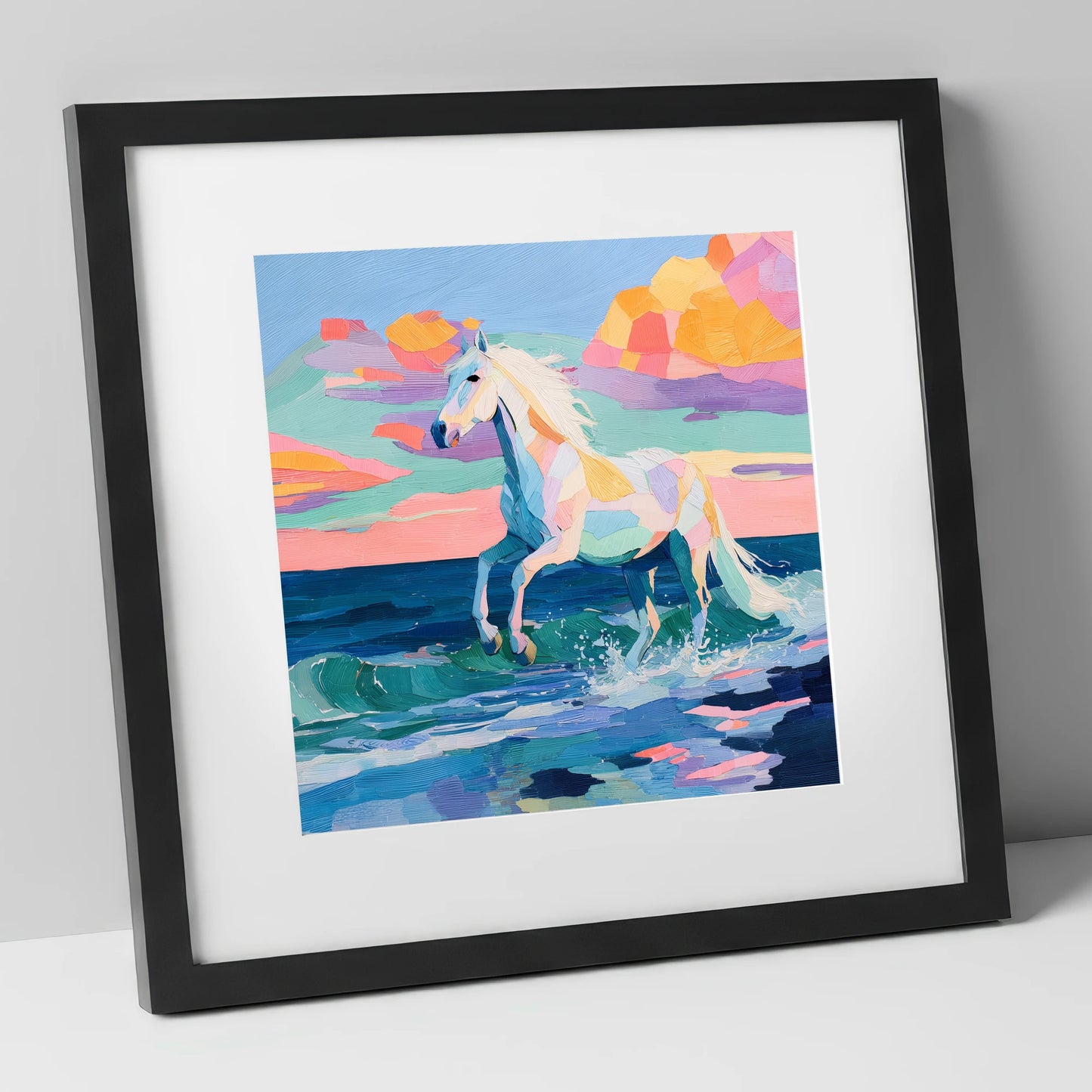 Vibrant Coastal Canter beach horse art print in black frame