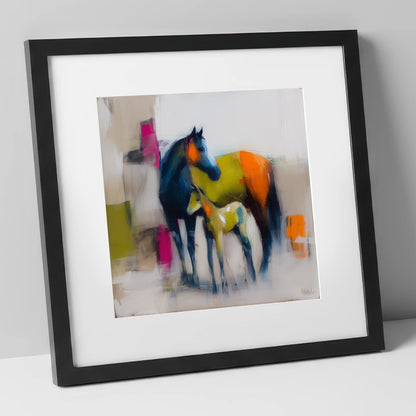Bold Beginnings mare & foal art print in black frame