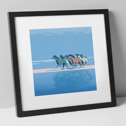 Coastal Canter wild horses art print in black frame
