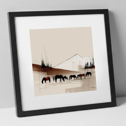 Tranquil Grazing Herd horse landscape art print in black frame