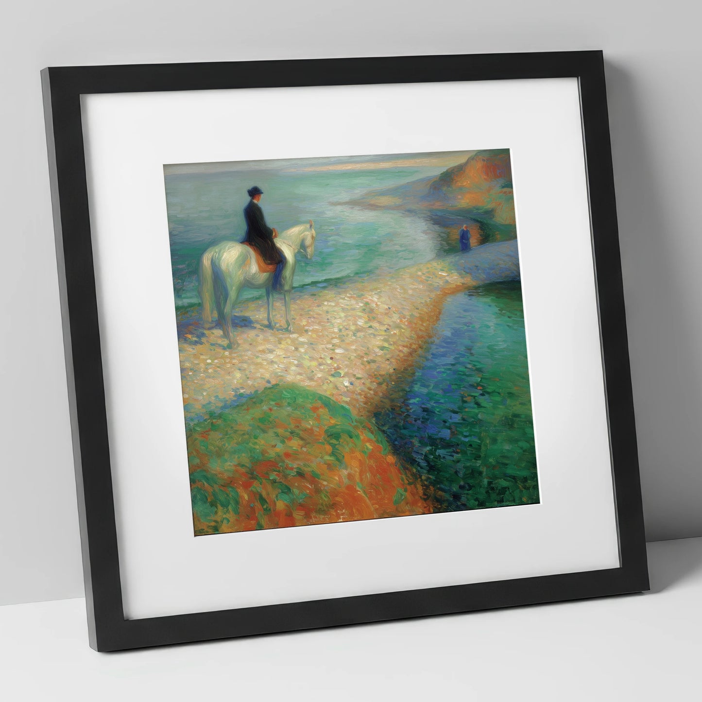 Luminous Coastal Hack beach horse art print in black frame