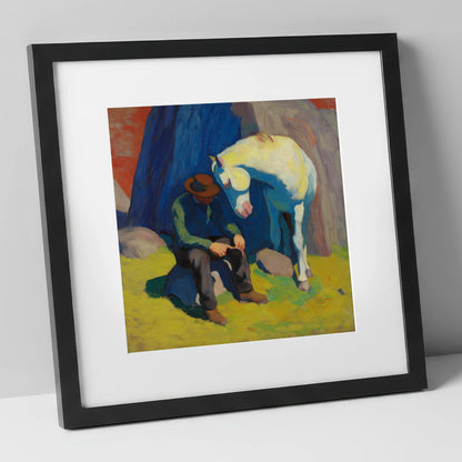 Vivid Companionship horse & rider art print in black frame