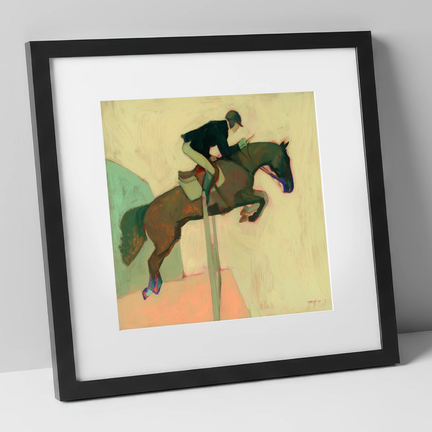 Suspended in Flight show jumping horse art print in black frame