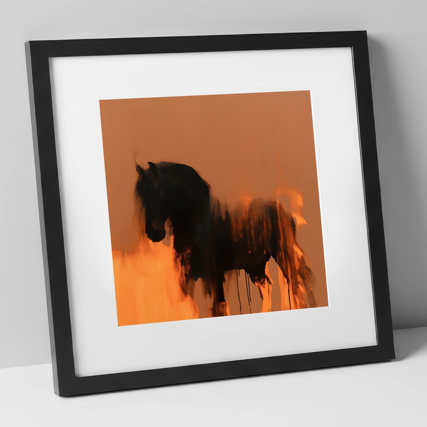 Black Friesian In Burnt Orange horse breed art print in black frame