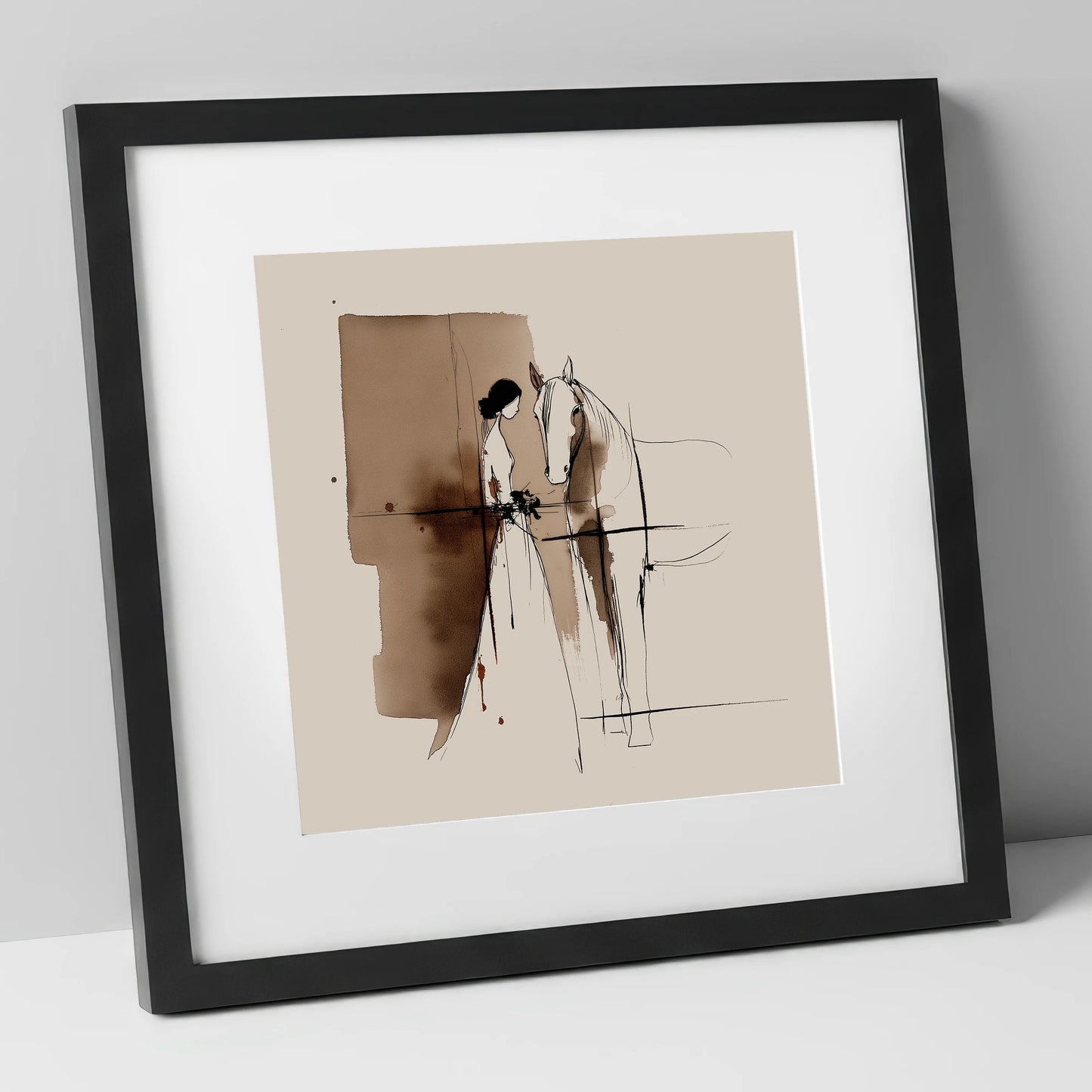 Silent Devotion horse & rider art print in black frame