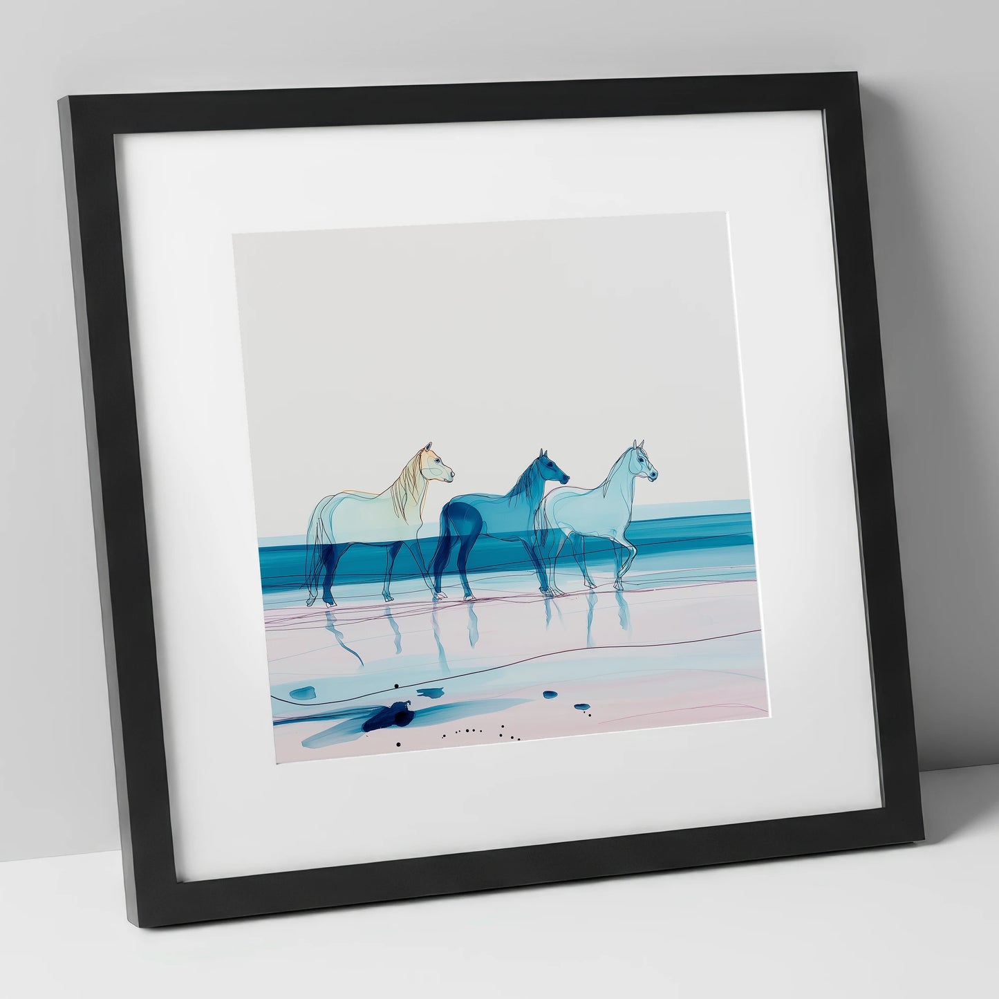 Azure Tide Walkers horse landscape art print in black frame