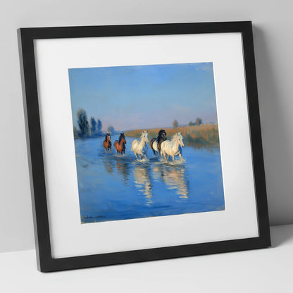 Through the Cerulean Shallows wild horses art print in black frame