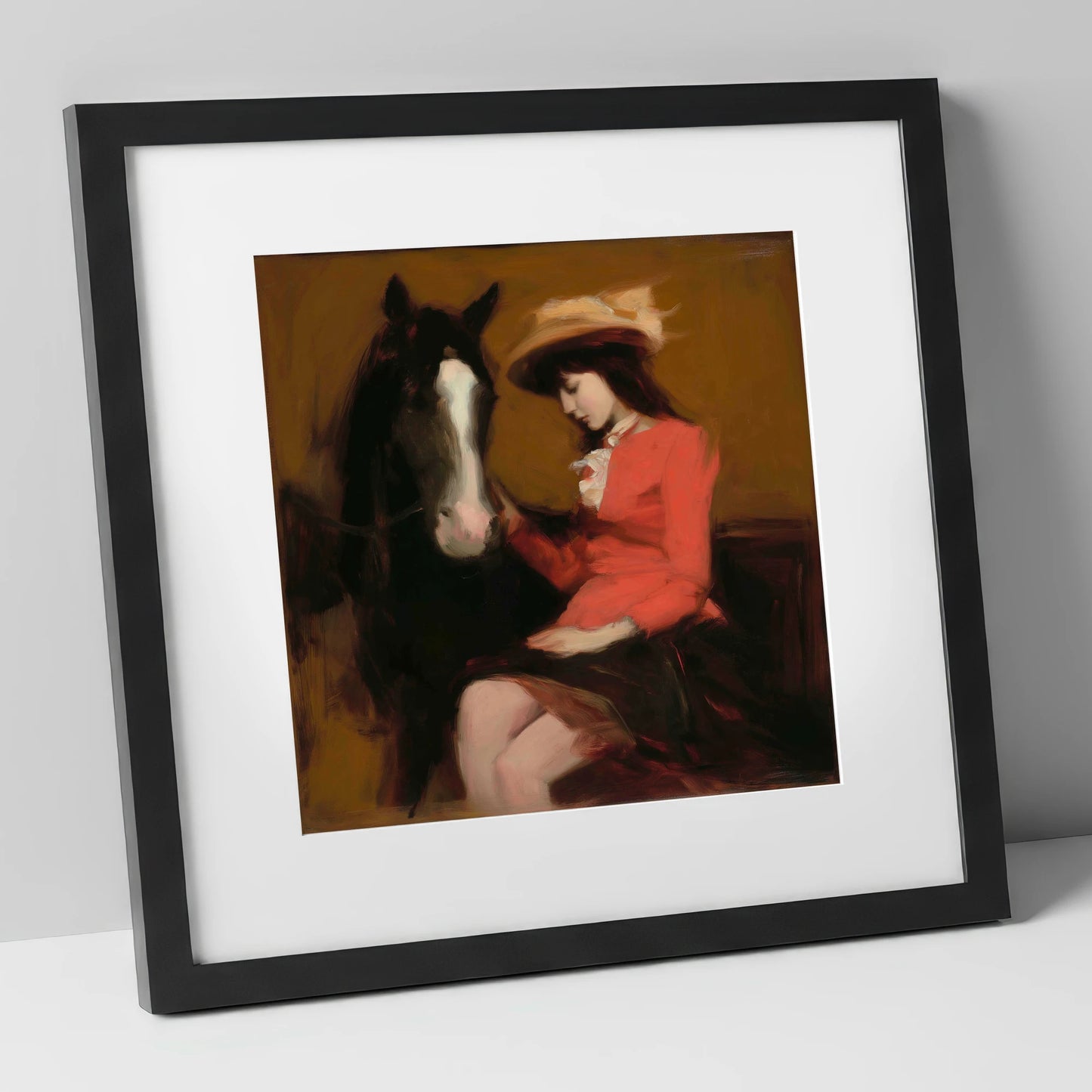 A Quiet Connection horse & rider art print in black frame