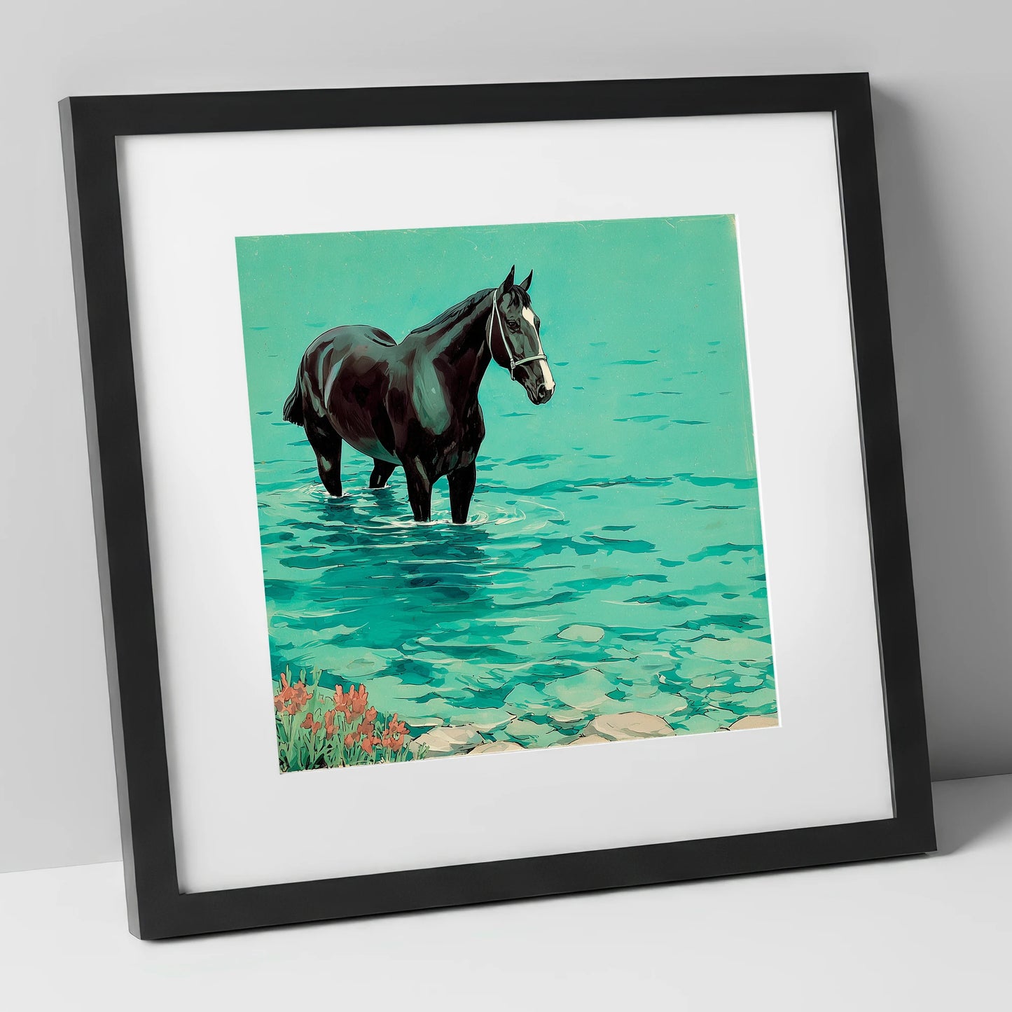 Midnight in the Shallows beach horse art print in black frame