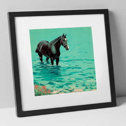 Midnight in the Shallows beach horse art print in black frame