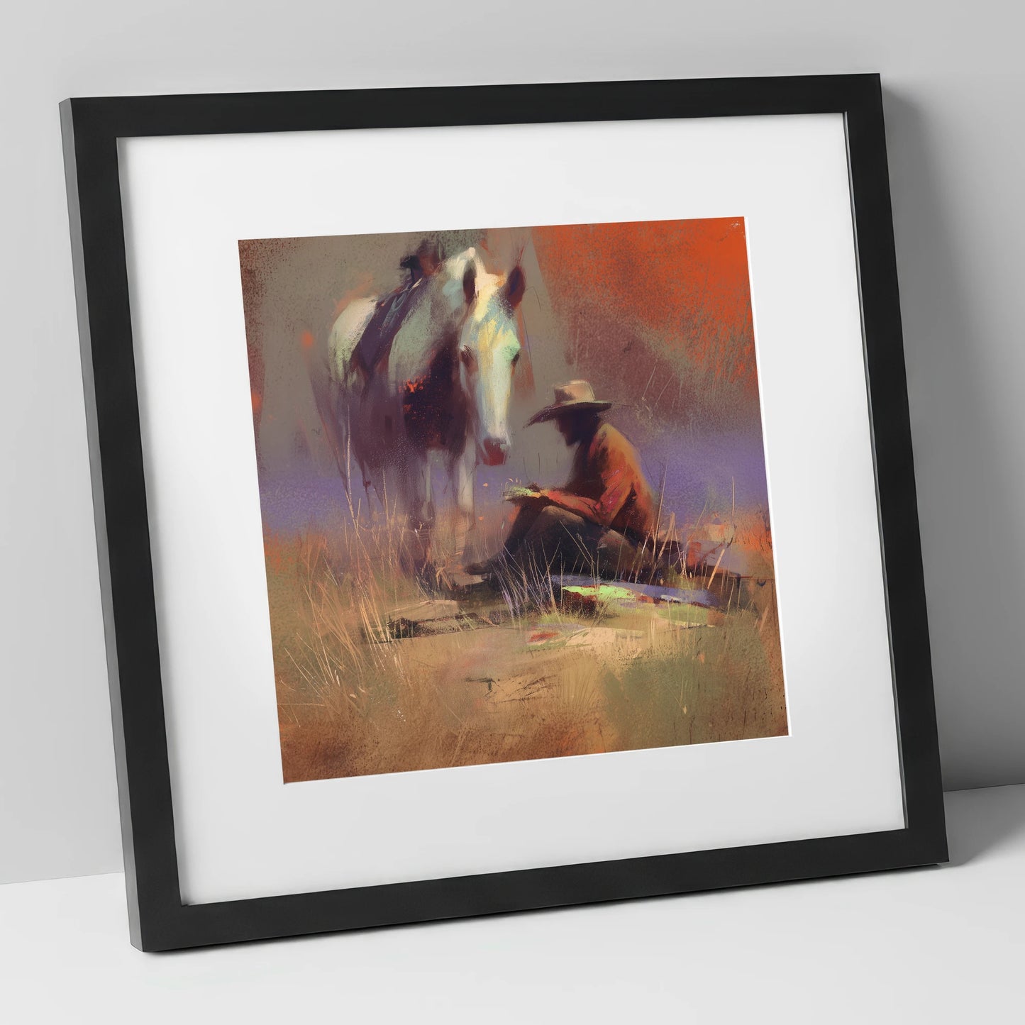 The Rider's Rest horse & rider art print in black frame