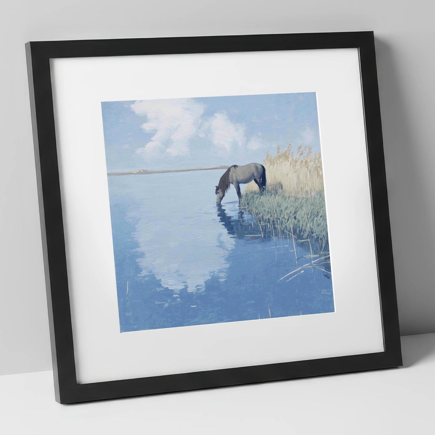The Quiet Shallows horse landscape art print in black frame
