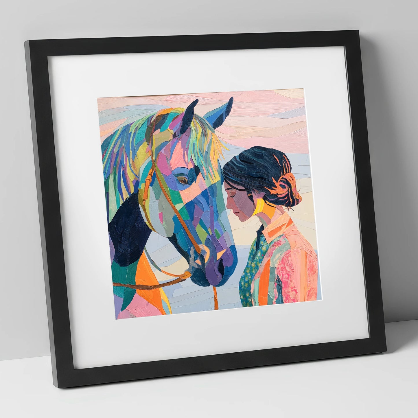 Vibrant Harmony horse & rider art print in black frame
