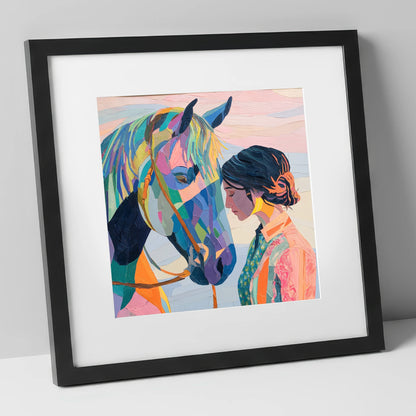 Vibrant Harmony horse & rider art print in black frame