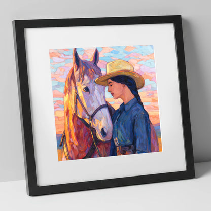 The Sundown Bond horse & rider art print in black frame