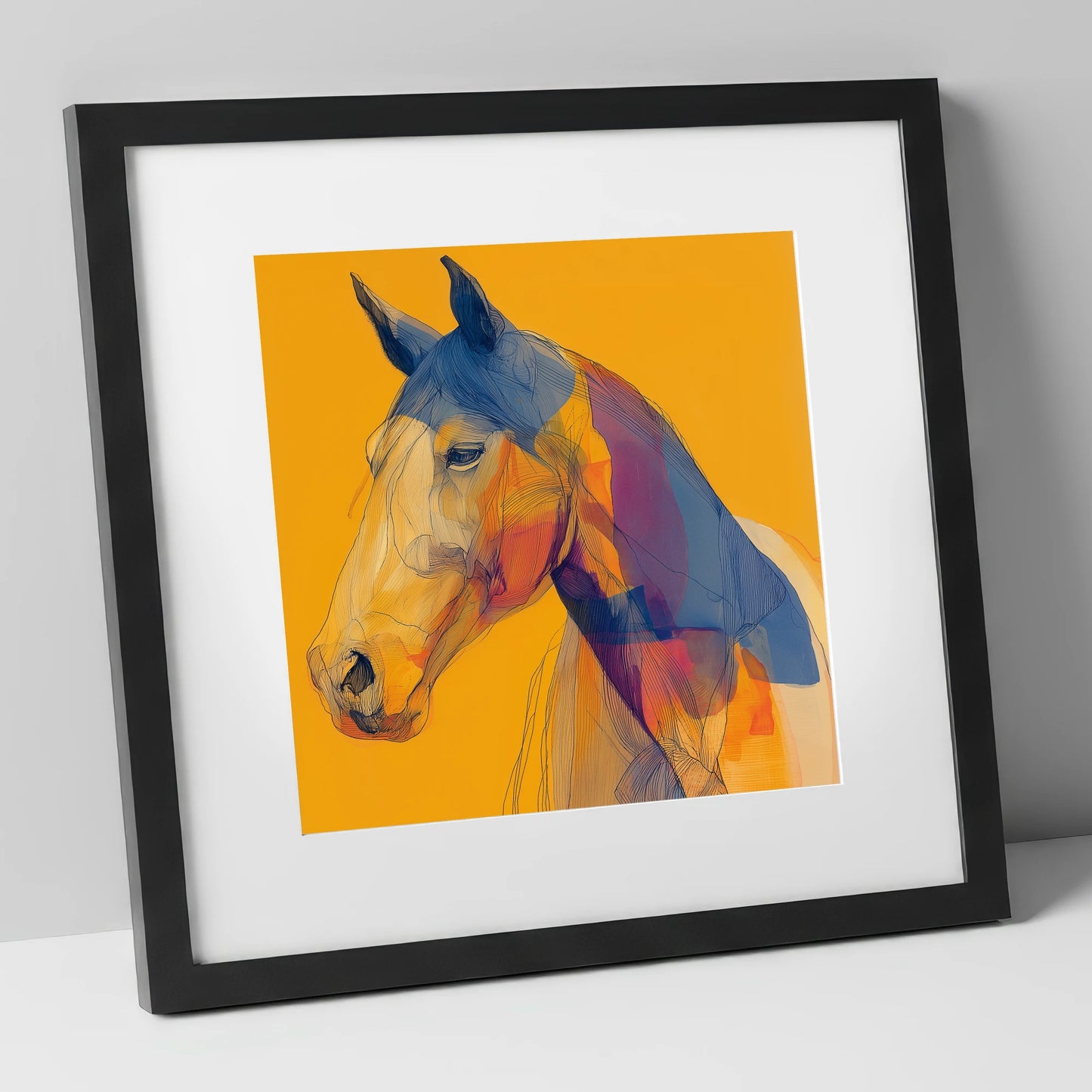 Contemporary Cobalt Equine horse portrait art print in black frame