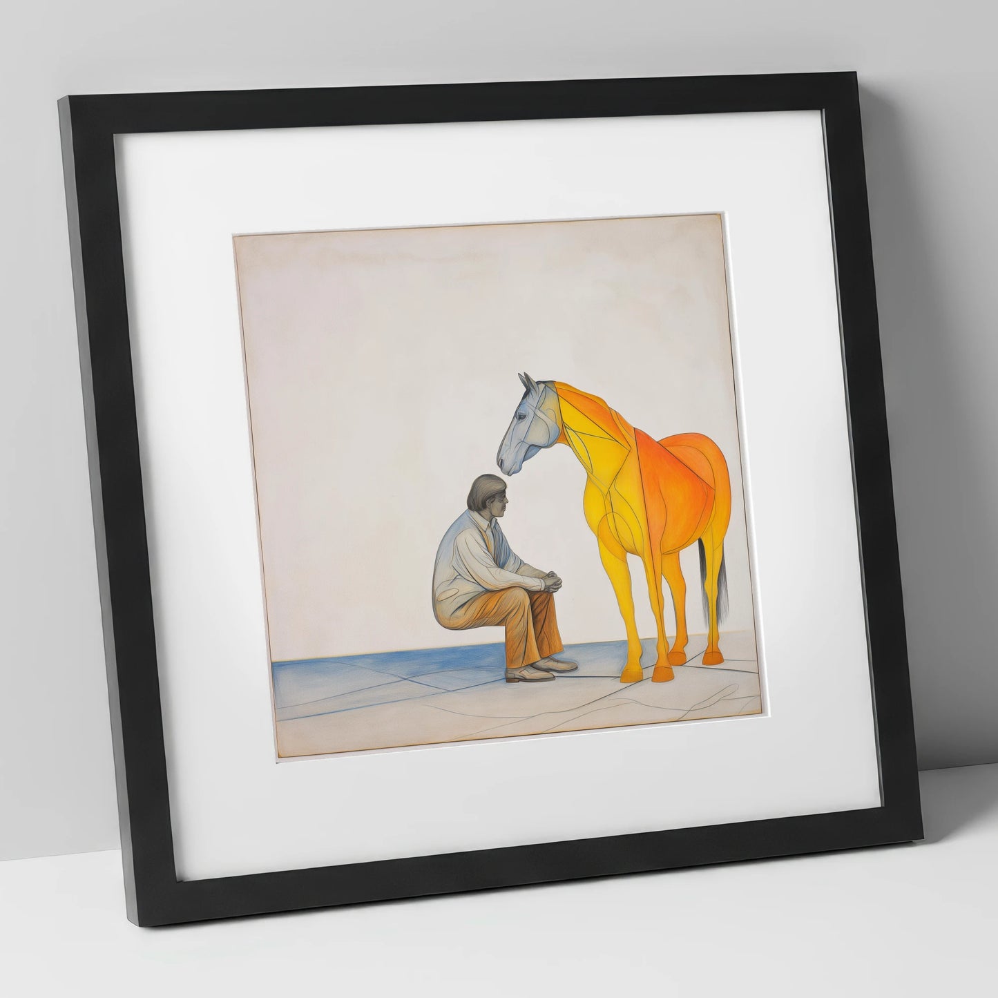 Silent Understanding horse & rider art print in black frame