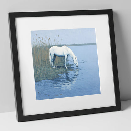 Quiet Marshland Waters horse landscape art print in black frame