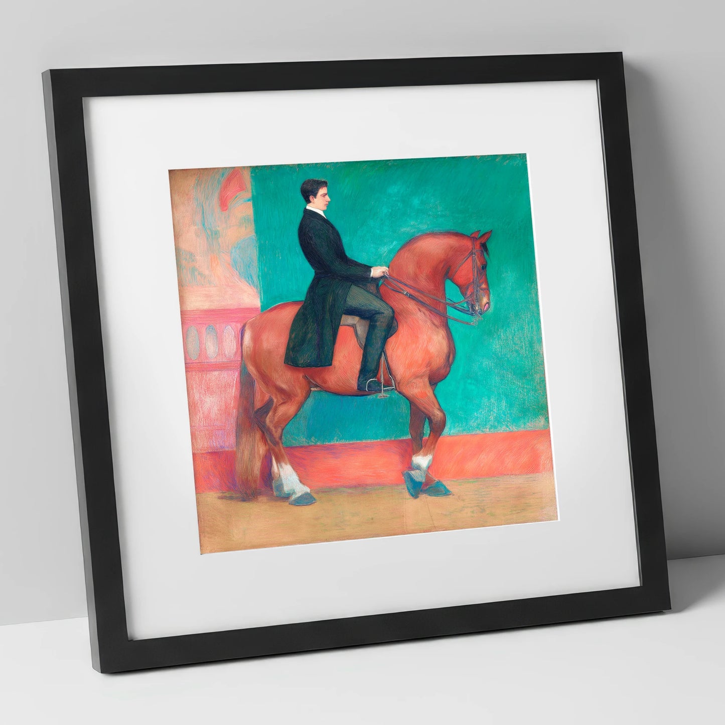 Collected Chestnut in Emerald dressage horse art print in black frame